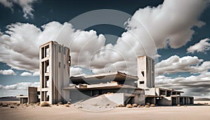 ruined concrete brutalist buildings in desert landscape