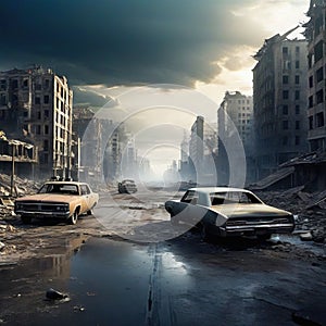 Ruined dead city after a nuclear Abandoned cars next to destroyed