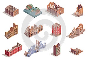 Ruined Destroyed Buildings Isometric Set