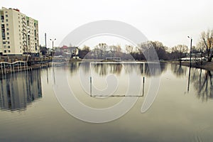 Ruined Football Pitch Drowned under Water after Heavy Rain.