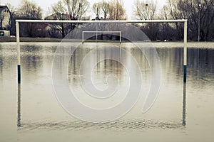 Ruined Football Pitch Drowned under Water after Heavy Rain.