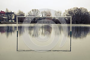 Ruined Football Pitch Drowned under Water after Heavy Rain.