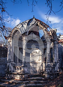 Ruined gazebo in the park concept photo. Autumn morning in Sharovka palace, Kharkiv, Ukraine.