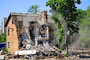 Ruined house damage after disaster. Demolition of old buildings.