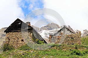 Ruined houses in little hamlet Dormillouse, the french Hautes Alpes