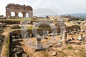 Ruined of imperial hall and arched gymnasium building in Tralleis Tralles ancient city in Aydin, Turkey