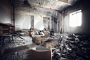 A ruined industrial building interior