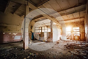 Ruined interior of hall of abandoned industrial building