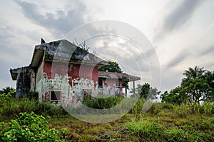 Ruined mansion surrounded by lush green with dramatic sky