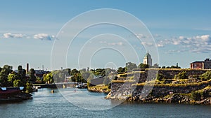 Ruined medieval fortress located upon a rocky headland in Sweden at summer