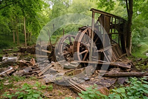 ruined mill with broken machinery and fallen timbers lying in disarray