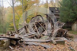 ruined mill with broken machinery and fallen timbers lying in disarray