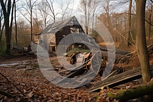 ruined mill with broken machinery and fallen timbers lying in disarray