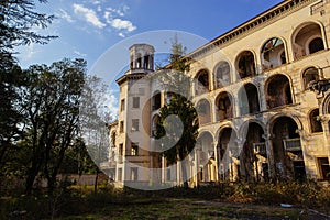 Ruined overgrown old abandoned Soviet sanatorium Iveria, Tskaltubo, Georgia photo