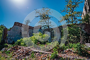 Ruined overgrown school in ghost mining town Akarmara, consequences of war in Abkhazia, green post-apocalyptic concept