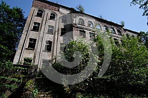 Ruined overgrown school in ghost mining town, consequences of war in Abkhazia, green post-apocalyptic concept