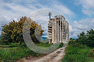 Ruined overgrown sport sanatorium, consequences of war in Abkhazia