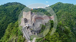 Ruined Poenari fortress on Mount Cetatea in Romania
