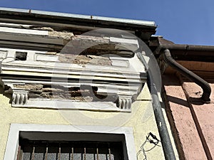 Ruined roof and wall of an old building