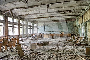 Ruined school assembly hall in Pripyat