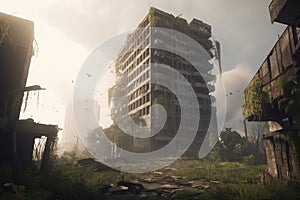 Ruined skyscraper with broken windows and twisted metal, surrounded by empty streets and overgrown vegetation post