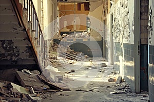 Ruined staircase in a dilapidated school building