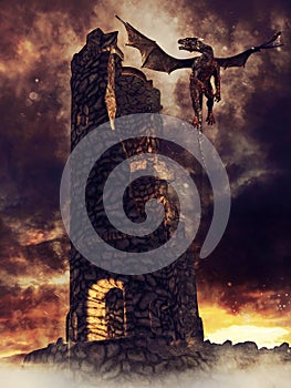 Ruined tower with a dragon