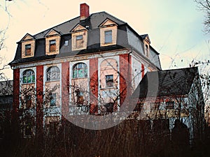 Ruined villa in Germany in dead winter shrubbery