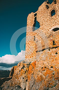 Ruined wall of Queribus Cathar castle, France