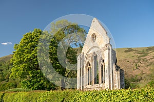 Ruined wall and window of Valle Crucis abbey near Llangollen