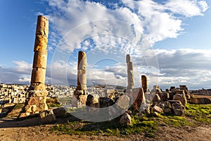 Ruines in the old city Gerash, withe new Jerash in the back,Jordan