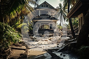 Ruinous Hurricane destroy house flood. Generate Ai