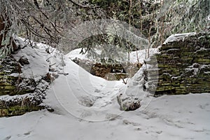 Ruins of abandoned house bellow Certuv mlyn hill in Moravskoslezske Beskydy mountains in Czech republic