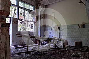Ruins in an abandoned room. Bakery in the Chernobyl zone. Abandoned factory in Chernobyl.