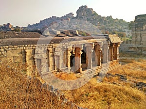 Ruins in Achyuta Raya Temple Complex at sunrise at Hampi, India