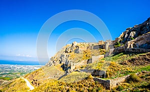 The ruins of Acrocorinth fortress in Peloponnes - Greece