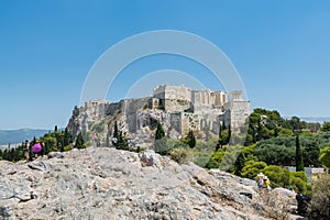 Ruins of Acropolis with  Parthenon, Erechtheum, Beule Gate and Temple of Athena in the city center from the view of Acropolis hill