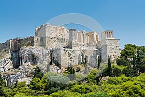 Ruins of Acropolis with  Parthenon, Erechtheum, Beule Gate and Temple of Athena in the city center from the view of Areopagus Hill