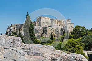 Ruins of Acropolis with  Parthenon, Erechtheum, Beule Gate and Temple of Athena in the city center,  view from Areopagus - Hill