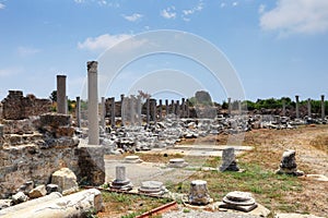 Ruins of agora, ancient city in Side in a beautiful summer day, Antalya, Turkey