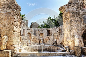 Ruins of agora, ancient city in Side in a beautiful summer day, Antalya, Turkey