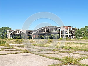 Ruins of aircraft hangars of the old German airfield Noitif. Baltiysk, Kaliningrad region