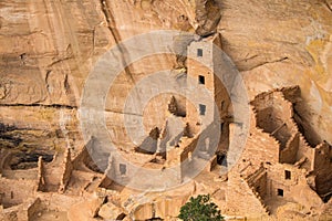 Ruins of an ancestral Puebloan cliff dwelling at Mesa Verde National Park.