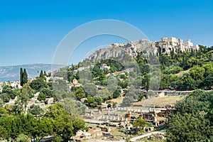 Ruins of Ancient Agora and Acropolis of Classical Athens of Greece. Aerial  view from the Temple of Hephaestus Hephaestion