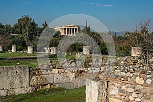 Ruins of Ancient Agora with Temple of Hephaestus at background.