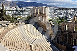 Ruins of ancient amphitheater at Acropolis hill, Athens, Greece