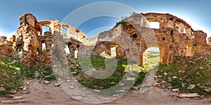 Ruins of ancient brick castle with blue sky sun green grass 3D spherical panorama with 360 degree viewing angle. Ready for virtual