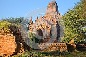 The ruins of the ancient Buddhist temple, morning sun. Bagan, Myanmar