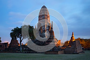 The ruins of the ancient Buddhist temple of Wat Ratchaburana in the evening twilight. Ayutthaya, Thailand