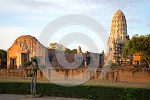 Ruins of the ancient Buddhist temple of Wat Ratchaburana Wat Rat Burana on the sunrise. Ayutthaya, Thailand